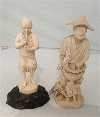 Lot 135 - Japanese one piece ivory figure of a farmer sowing seed and another of a fisherman lighting a...