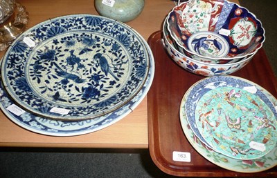 Lot 163 - Two Japanese Imari bowls, large Japanese blue and white charger and four other Oriental pieces