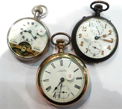 Lot 201 - A Swiss open faced pocket watch stamped '925', gun metal pocket watch and a gold plated pocket...