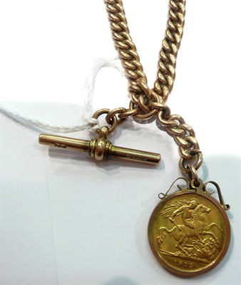 Lot 217 - A 9ct gold watch chain hung with a loose mounted gold half sovereign 1915, 44g