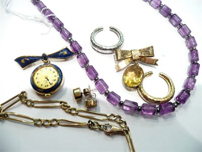 Lot 228 - An amethyst bead necklace, a citrine brooch, a brooch watch, a bracelet, earrings etc