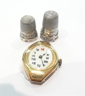 Lot 248 - Gold ladies watch and two silver thimbles