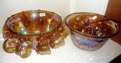 Lot 265 - Pair of large Carnival glass punch bowls and with cups and ladle