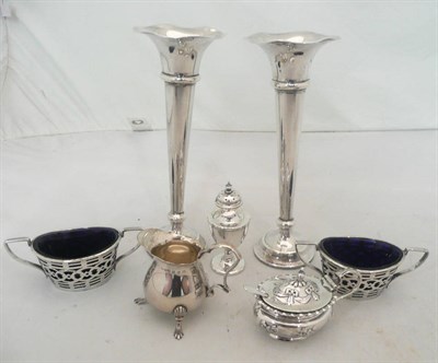 Lot 273 - A pair of silver salts, two trumpet vases, a mustard, pepperette and cream jug