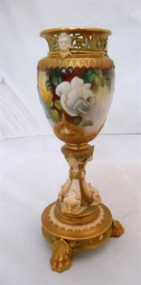 Lot 287 - Royal Worcester rose painted pedestal vase painted with roses by Blake