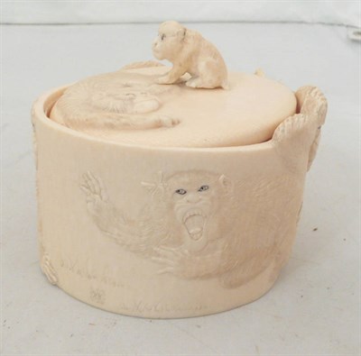 Lot 288 - A Japanese Meji period ivory box carved with monkeys and an associated lid