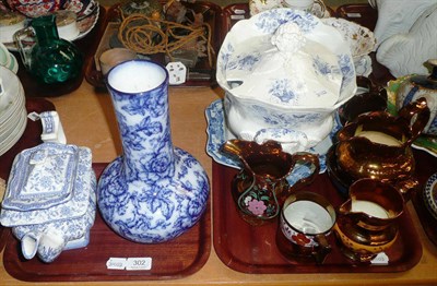 Lot 302 - Two trays of blue and white tureen, copper lustre jugs and a Masons dish, blue and white...