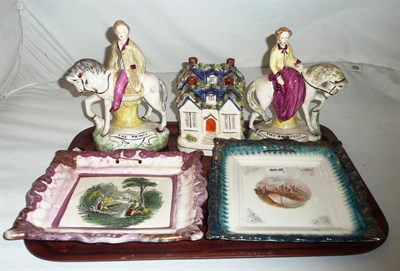 Lot 315 - Two Victorian lustre plaques, two figures and two money boxes