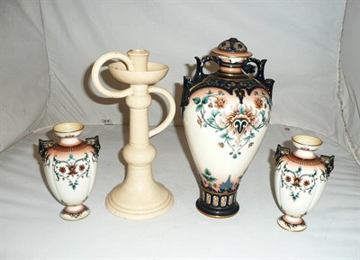 Lot 338 - A Foley faience candlestick, a Hadley's Worcester large vase and cover (a.f.) and two similar...