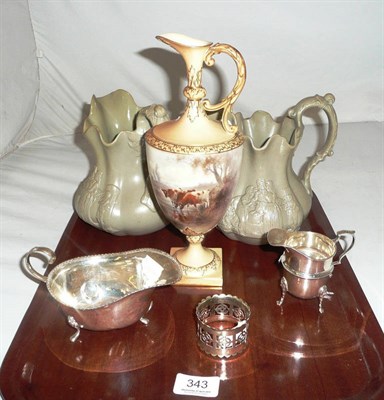 Lot 343 - Worcester blush ivory pedestal ewer (a.f.), a pair of Copeland and Garret, late Spode, smear...