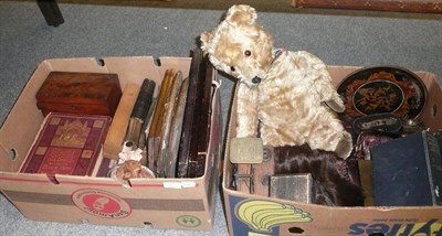 Lot 351 - Two boxes of collector's items including a Teddy bear, mink stole, Baxter prints, books, kilt etc