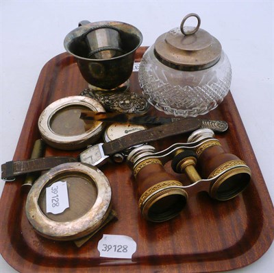 Lot 370 - Silver cup, silver napkin ring, two silver mounted frames, wristwatch etc