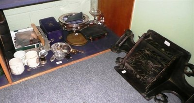 Lot 384 - A shelf including a carved oak corner cabinet, an apothecary jar, a photograph album and three...