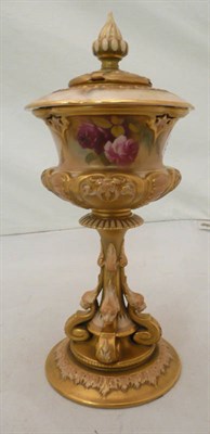 Lot 395 - Royal Worcester rose painted pedestal bowl and cover