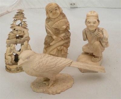 Lot 396 - Four Japanese ivory Okimono - bird, man with fan, man half kneeling, figures below fir tree