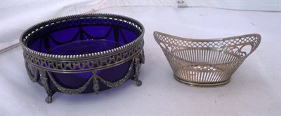 Lot 399 - French silver boat-shaped dish and a circular dish with blue liner