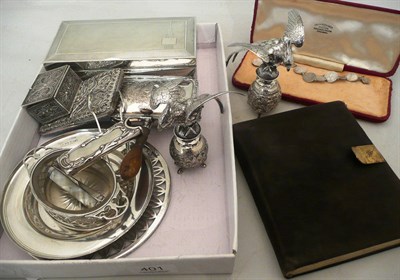 Lot 401 - A silver cigarette box, silver salt, small dish, plate stand, mother of pearl and silver...