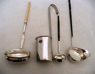 Lot 407 - A Georgian silver toddy ladle with ivory handle, two others with baleen handles and a gill measure