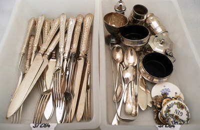 Lot 414 - A quantity of silver condiments, assorted silver teaspoons, white metal handled knives and...