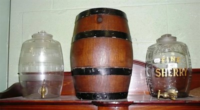 Lot 421 - Fine sherry etched glass spirit barrel and another with measurements etched to the side and an...