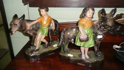 Lot 422 - Good Companions' - two plaster cold painted figures of Alsatians, one with a girl, one with a...