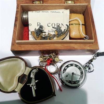 Lot 446 - A Lako `Toboggan' watch, an Ingersoll chromium plated pocket watch, three seal fobs, three...