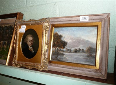 Lot 460 - Gilt framed oval portrait of a gentleman and a small oil on board 'landscape'