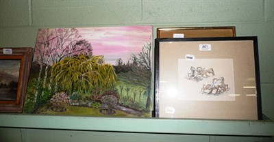 Lot 461 - One unframed oil, three framed watercolours and six composition plaques all by Bluck