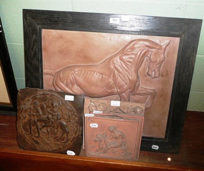 Lot 462 - Large framed relief pictures of a horse, pair of teracotta plaques and two others (5)