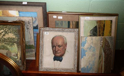 Lot 465 - Eleven assorted oil paintings including portrait of Winston Churchill