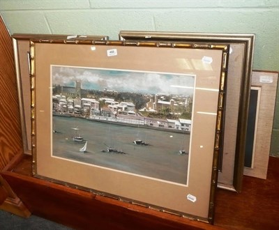 Lot 466 - A gilt framed watercolour sailing boats, two framed oils on board and a 20th century...