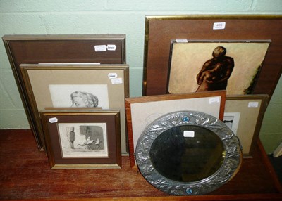 Lot 469 - Barbara Tribe - 'Lovers' ink drawing, six other pictures and two oval wall mirrors (9)