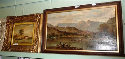 Lot 481 - An oil on canvas of a mountain landscape with cattle and a lake and another oil on panel (2)