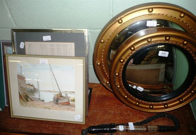 Lot 486 - Quantity of framed pictures, Lowery print, two mirrors, walking stick, camel whip and two...