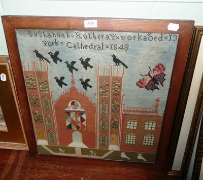 Lot 489 - Framed woolwork sampler of York Cathedral,  Sushannah Rotheray aged 13, 1848