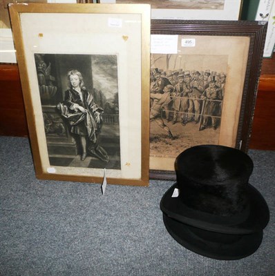 Lot 495 - A framed boxing print 'Result a Draw' and a framed mezzotint 'Churchill', a bowler hat and a...