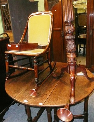 Lot 535 - Early 20th century rocking chair, carved plant stand, two copper horns and a Victorian cutlery tray