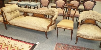 Lot 592 - An Edwardian inlaid rosewood seven piece salon suite, comprising a chaise longue, a pair of tub...