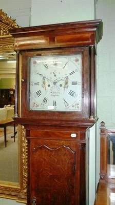 Lot 651 - George III oak and mahogany longcase clock with painted dial, E Johnson, Congleton