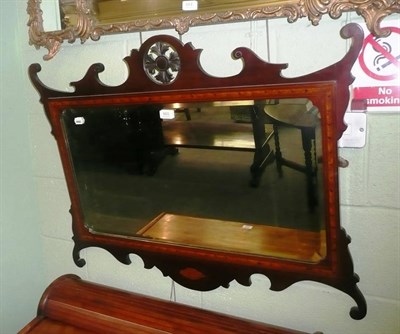 Lot 665 - Edwardian inlaid mahogany fret calved wall mirror