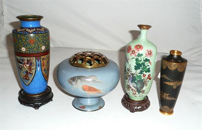 Lot 4 - An Ando fish decorated cloisonne flower vase and liner, two cloisonne vases, a gilt black...