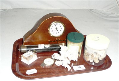 Lot 18 - An Acme cuckoo whistle, a mantel clock, a centimetre measure, coral, shells etc