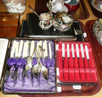Lot 23 - Cased set of twelve silver teaspoons, plated flatware, assorted pocket watches, etc