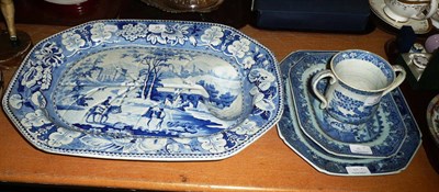Lot 35 - 19th century blue and white meat plate with drainer, a loving cup and two Chinese export plates
