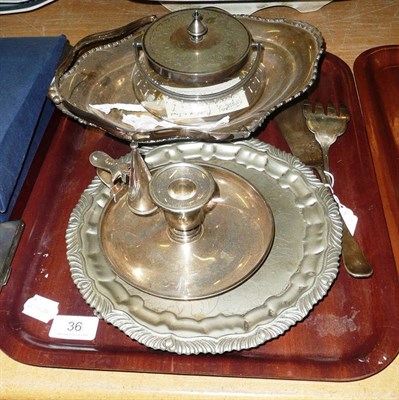 Lot 36 - Old Sheffield plate chamberstick, plated bowl, salver, a pair of plated fish servers and a...