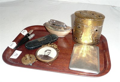 Lot 43 - Silver cigarette case, brass pot-pourri box and lid, cigarette holders, regimental badge, etc