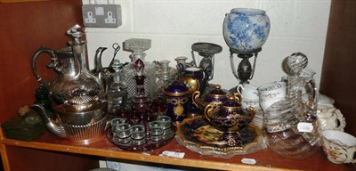Lot 73 - A shelf of decorative ceramics and glass including a pair of Royal Crown Derby vases and...