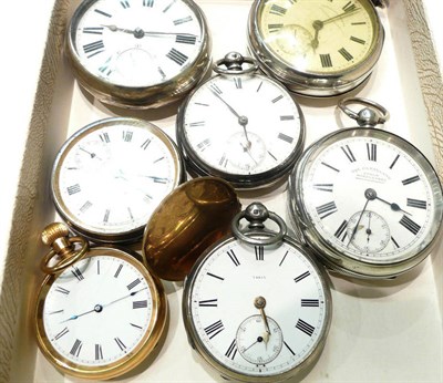Lot 91 - Five silver pocket watches and two plated examples (7)