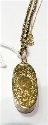 Lot 98 - A 9ct gold necklace, another 9ct gold necklace and a yellow metal pill box pendant (3)
