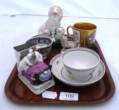 Lot 109 - A tray including a small Staffordshire poodle group, a small Staffordshire sheep, a painted...